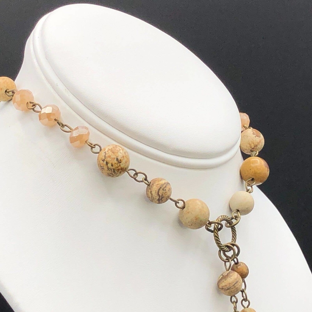 Carol Su 32" Lariat Necklace Jasper Stone Beads Earth Tone Faux Suede 7" Tassel - Picture 6 of 15